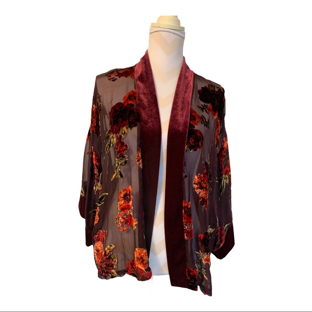 LUQ Velvet Sheer Burnout Cardigan Small Red Brown Open Front Whimsigoth Kimono